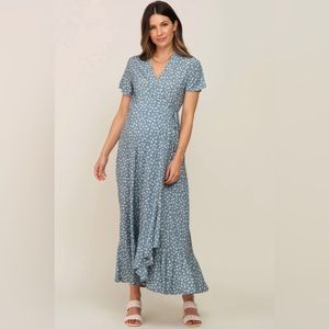 Pinkblush Light Olive Floral Wrap Front V-Neck Short Sleeve Maternity Midi Dress